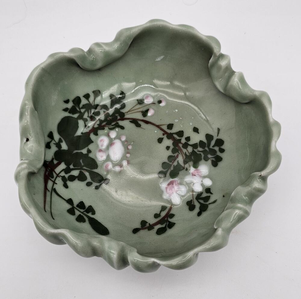 Antique Japanese Meiji Celadon Porcelain Brush Washer Cherry Blossoms